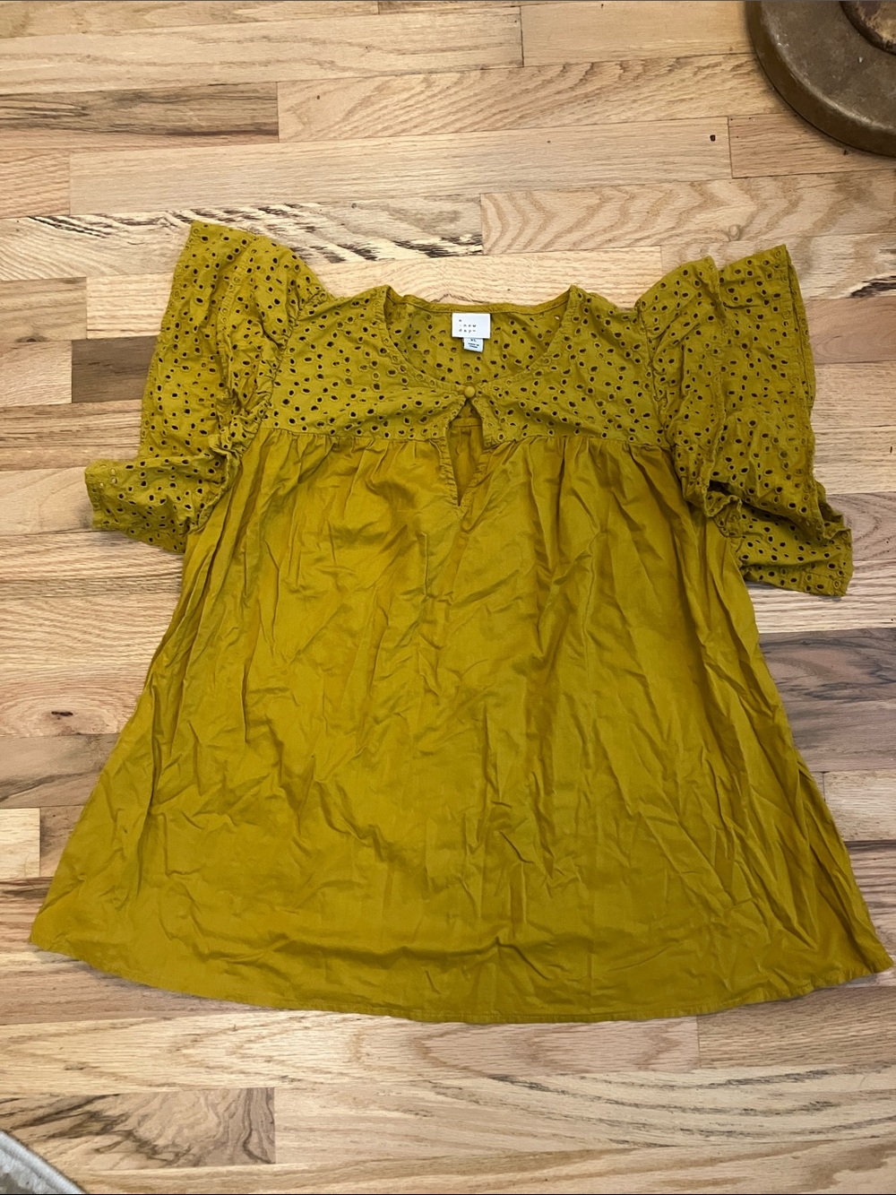 a new day Mustard Eyelet Puff-Sleeve shirt